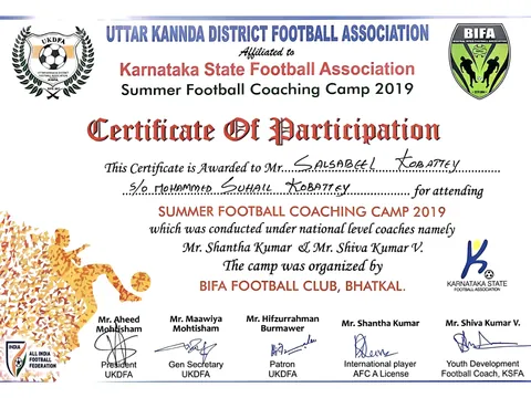Certificate: Summer Football Coaching Camp