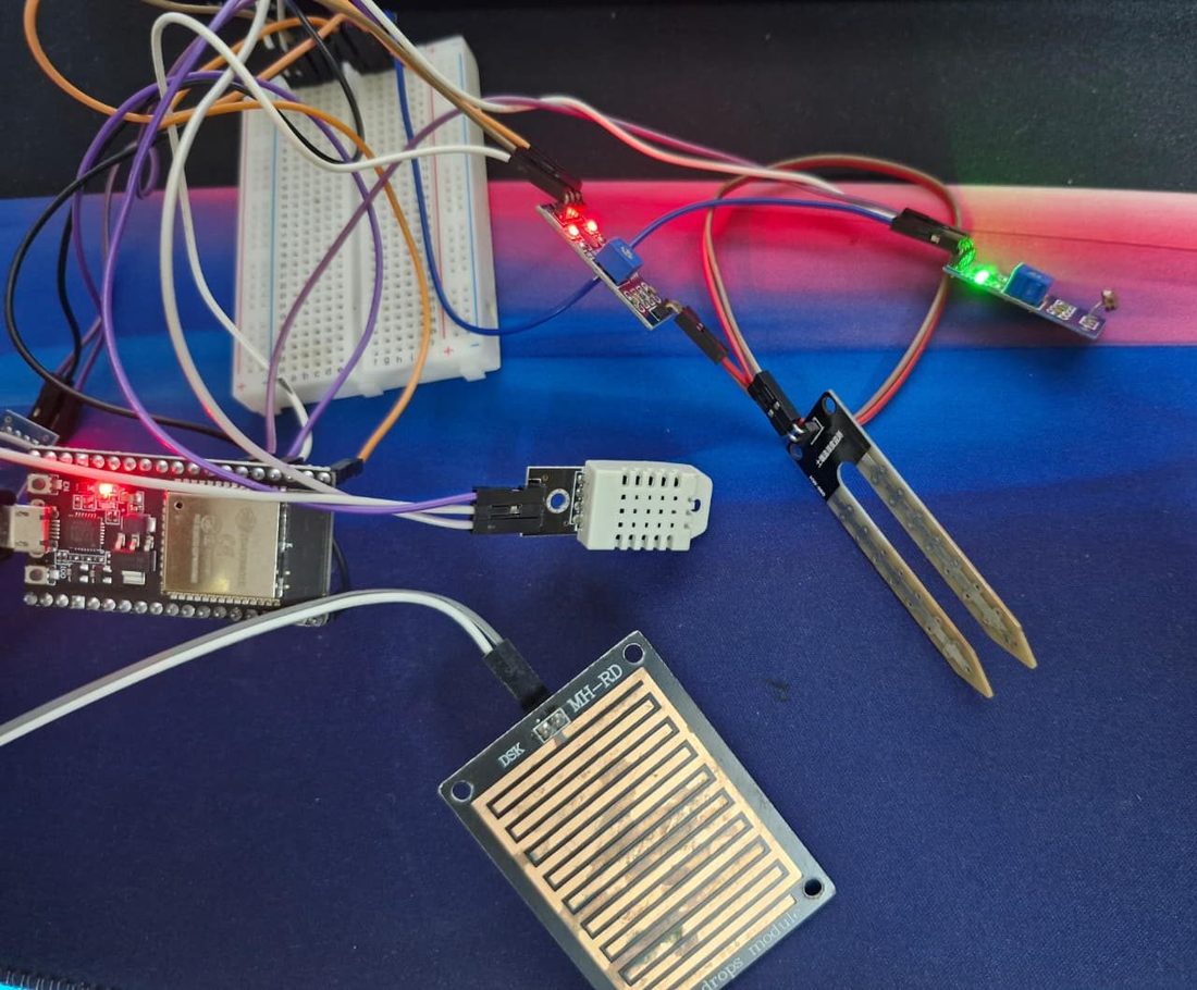 The full sensor set wired to the ESP32: DHT22, soil probe, rain plate and light sensor.