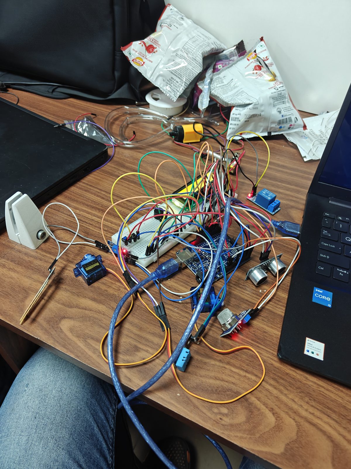 The breadboard prototype with every sensor connected, built during the event.