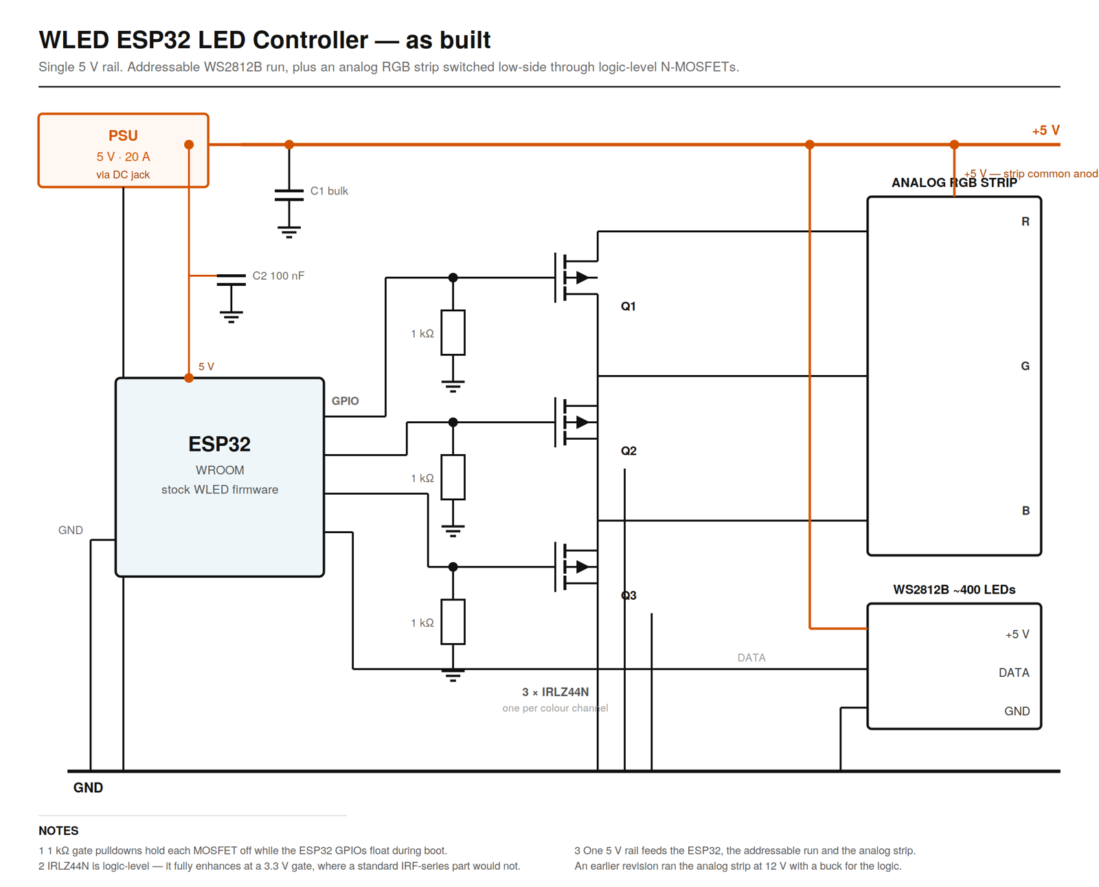 As-built schematic. Single 5 V rail, three MOSFET channels.